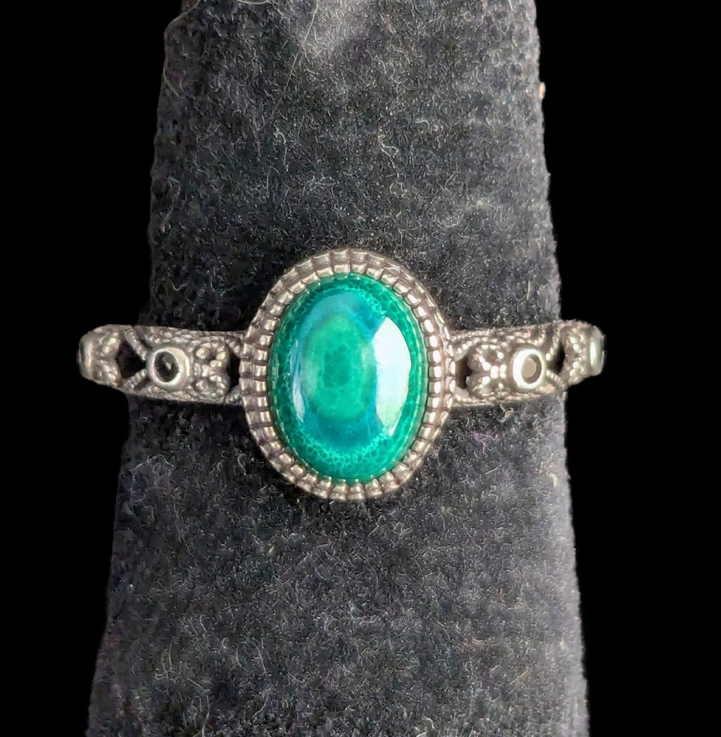 Oval Halo Malachite and Sterling Silver Ring