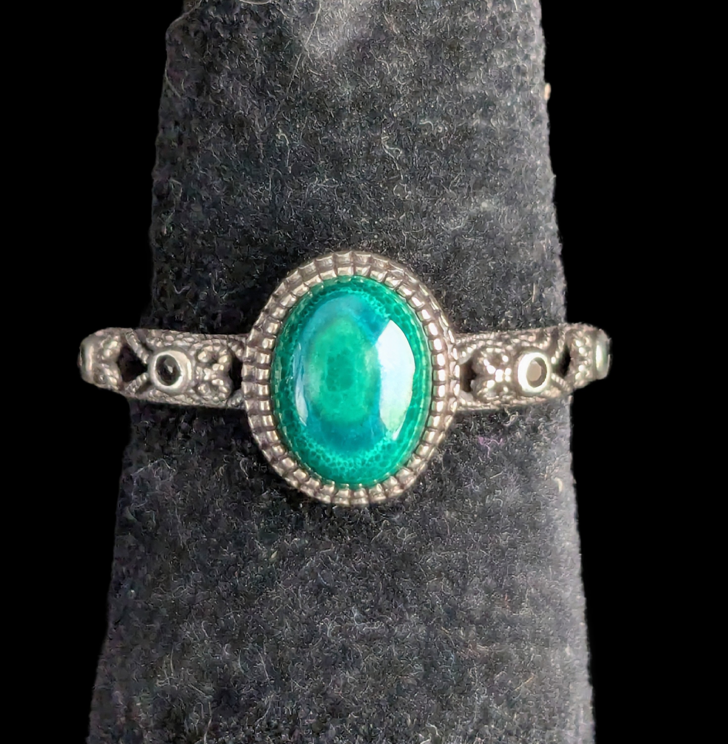 Oval Halo Malachite and Sterling Silver Ring