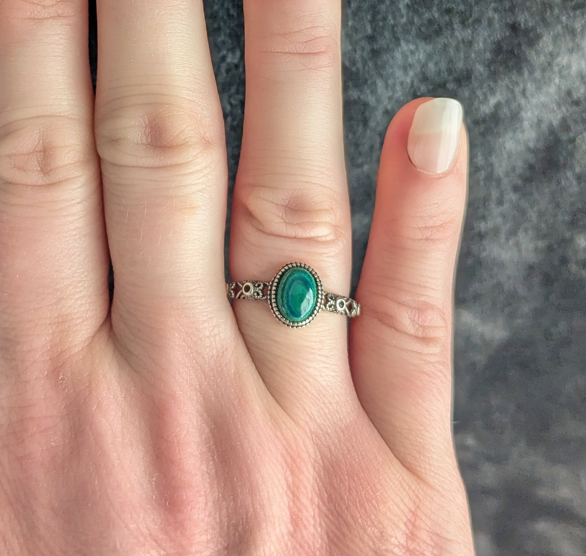 Oval Halo Malachite and Sterling Silver Ring