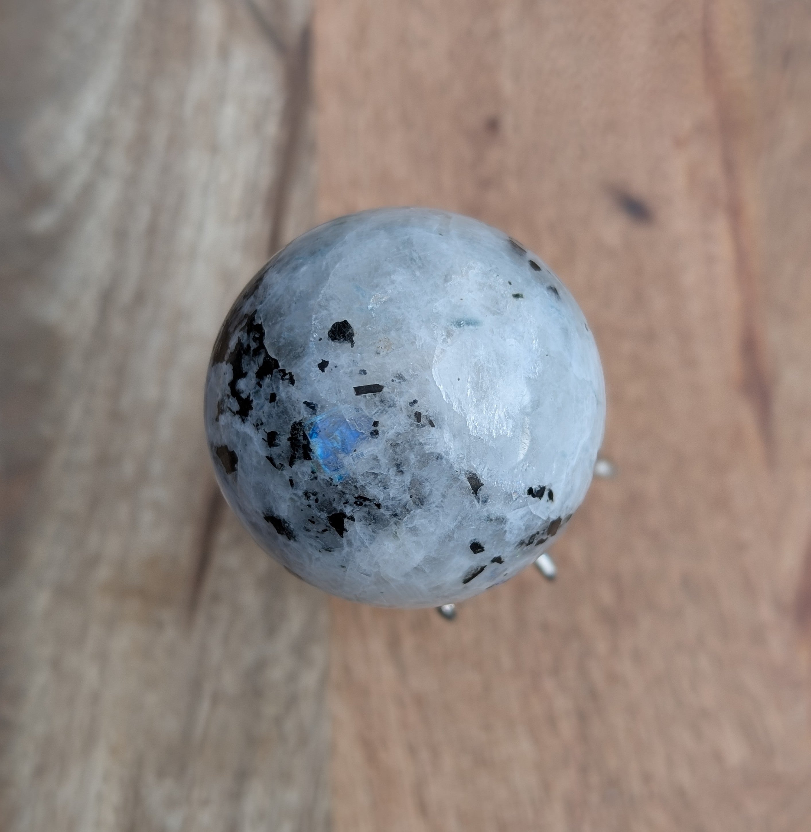 Moonstone Sphere with Silver Octopus Stand