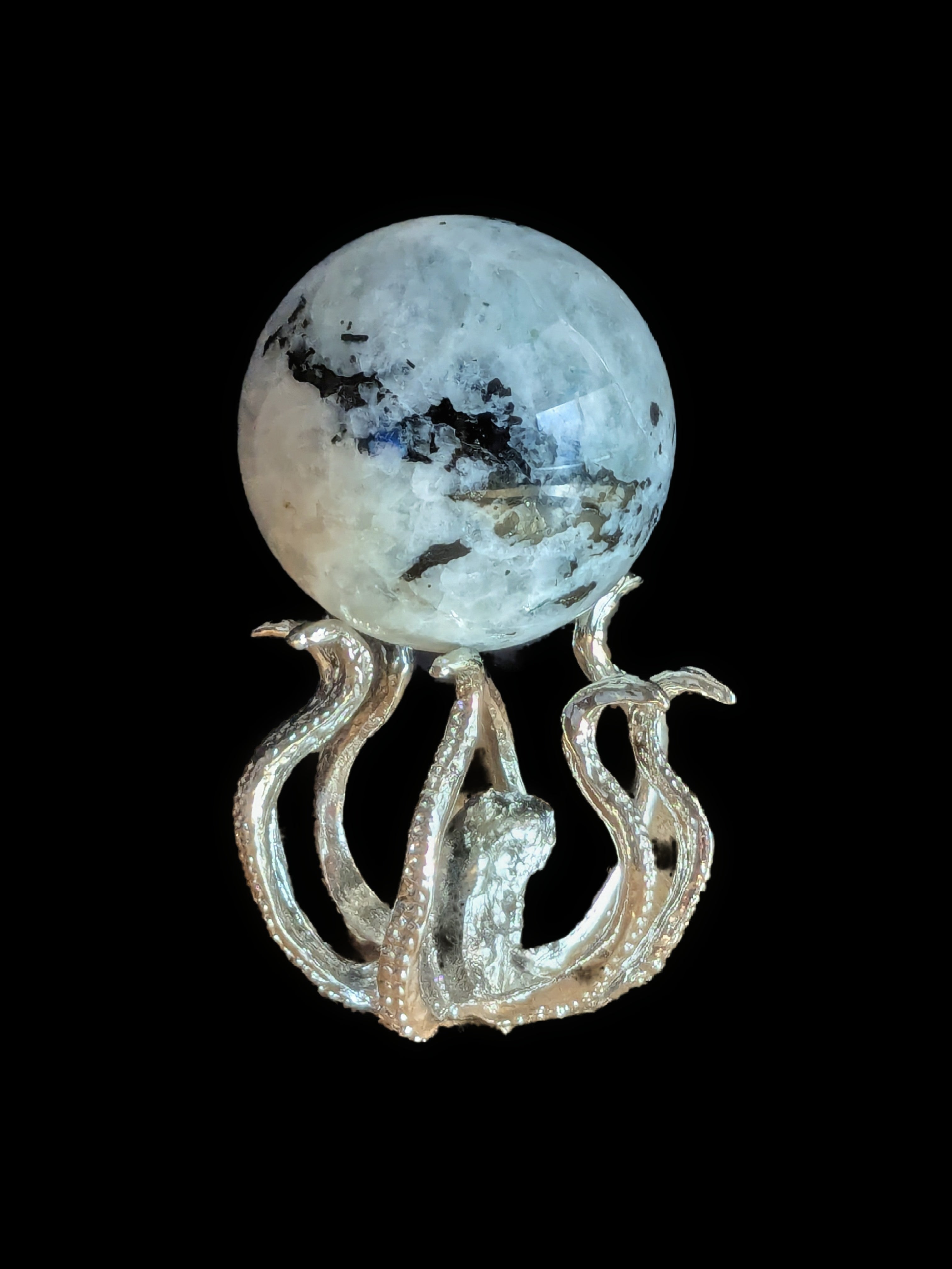 Moonstone Sphere with Silver Octopus Stand