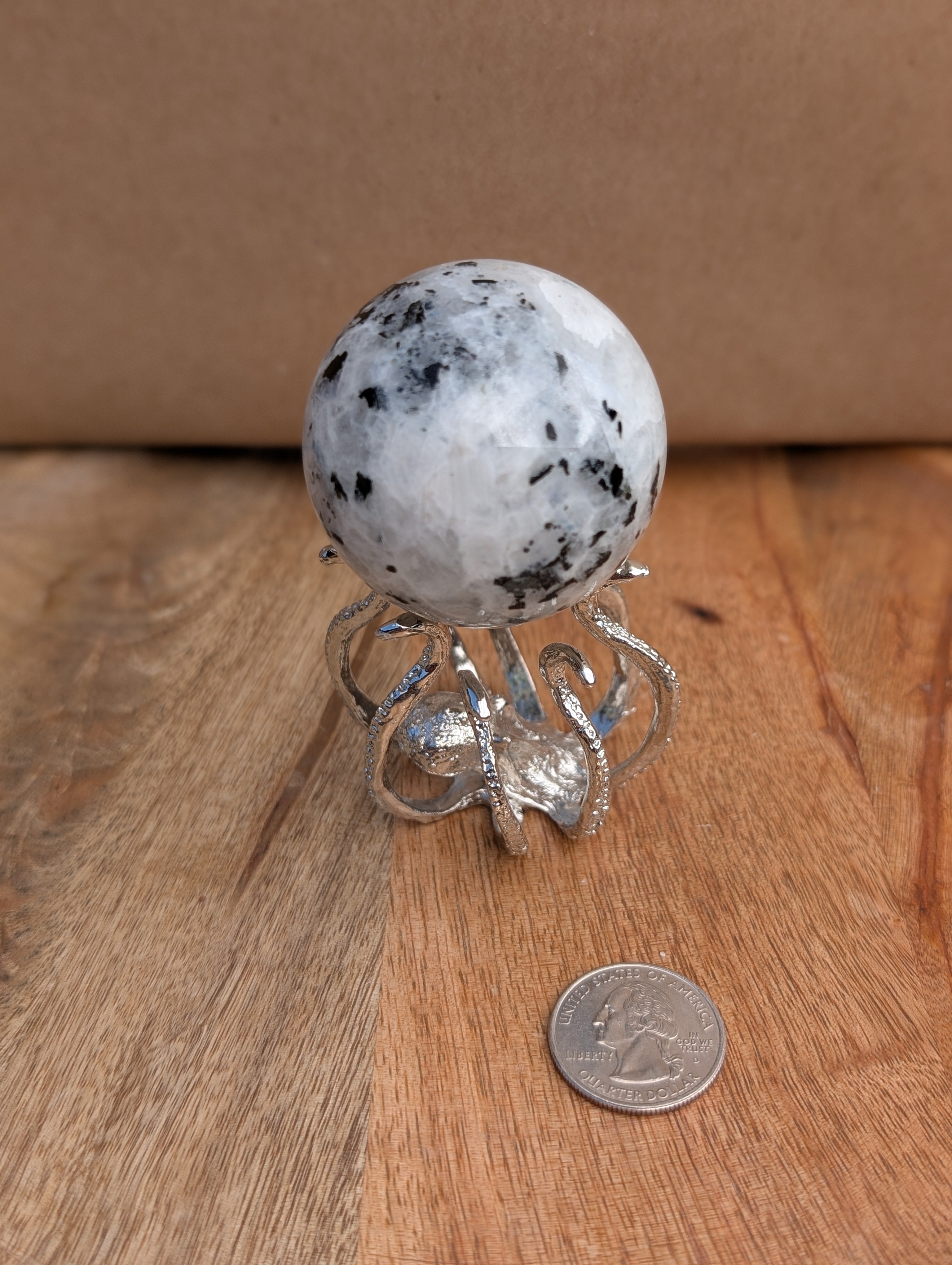 Moonstone Sphere with Silver Octopus Stand