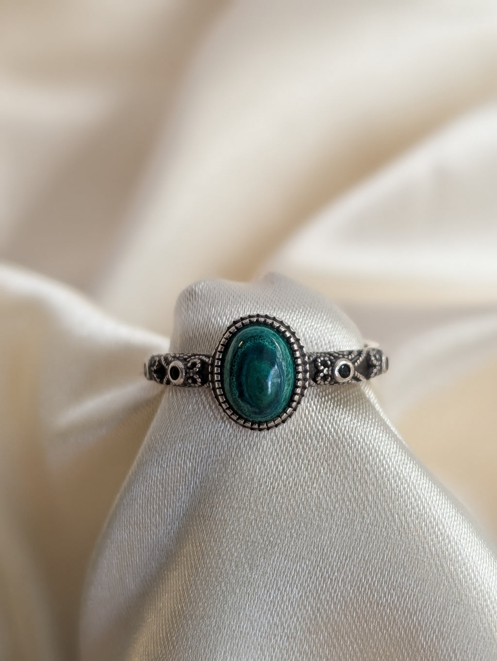 Oval Halo Malachite and Sterling Silver Ring