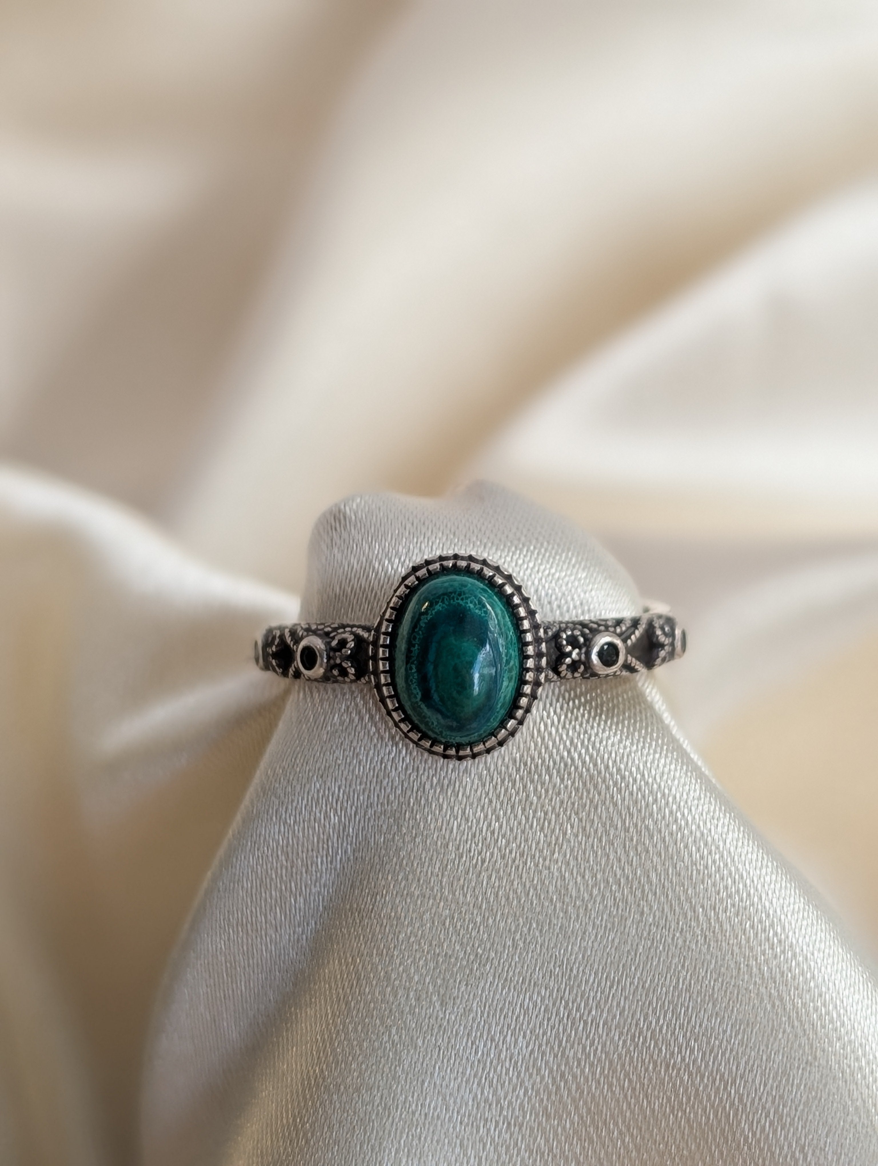 Oval Halo Malachite and Sterling Silver Ring
